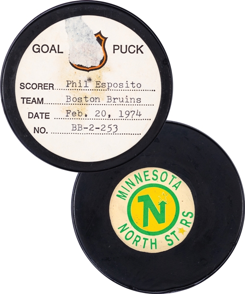 Phil Espositos Boston Bruins February 20th 1974 Goal Puck from the NHL Goal Puck Program - Season Goal #49 of 68 / Career Goal #447 of 717 - 2nd Goal of Hat Trick