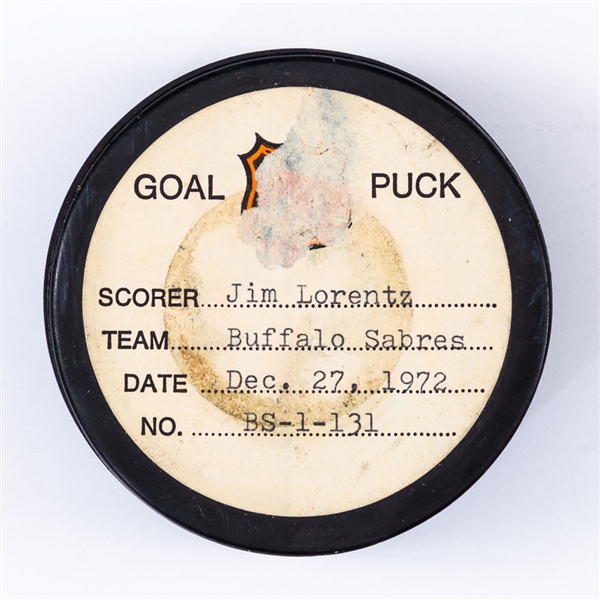 Jim Lorentzs Buffalo Sabres December 27th 1972 Goal Puck from the NHL Goal Puck Program - Season Goal #13 of 27 / Career Goal #50 of 161 - Unassisted - Game-Winning Goal