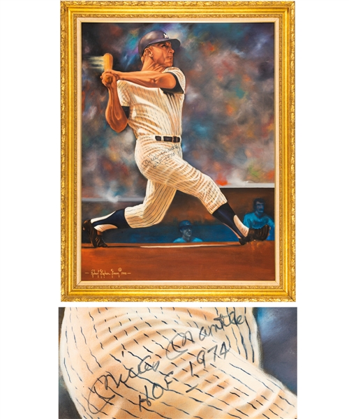 Huge Mickey Mantle New York Yankees Signed 1990 "Mantle Solo" Original Oil on Canvas Framed Painting by Renowned Artist Robert Stephen Simon (43 ½” x 55”) 
