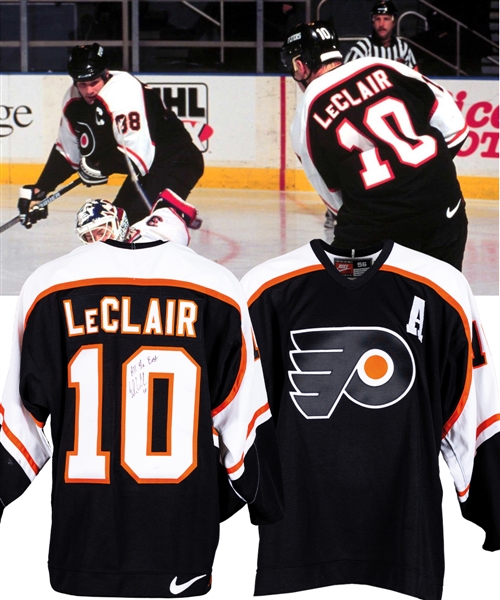 John LeClairs 1998-99 Philadelphia Flyers Signed Game-Worn Alternate Captains Third Jersey from Ray Bourques Collection with His Signed LOA