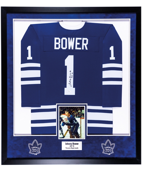 Deceased HOFer Johnny Bower Signed Toronto Maple Leafs Jersey Framed Display (42” x 47”) 