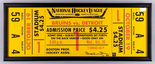 Bobby Orr Signed “First NHL Game” Oversized Replica Ticket Display, Vintage 1970s Ceramic Lamp and “This is Orr Country” Replica Pennants (3) with COA 