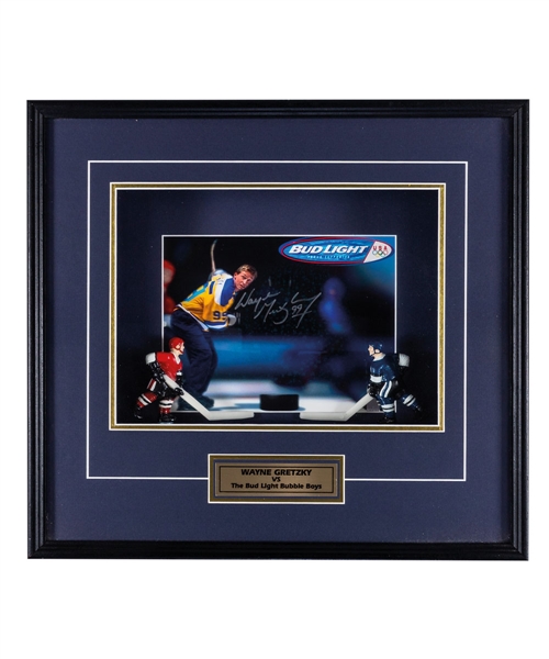 Wayne Gretzky Signed "Gretzky vs The Bud Light Bubble Boys" Framed Display from WGA (19" x 4" x 17") Plus Original “Bubble Boys” Bud Light Tin Advertising Sign (24” x 27”) 