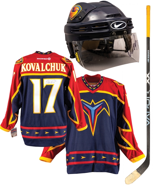 Ilya Kovalchuk’s 2002-03 Atlanta Thrashers Signed Game-Worn Nike Helmet and Circa 2003-04 Bauer Vapor Game-Used Stick Plus Signed Thrashers Jersey with LOA