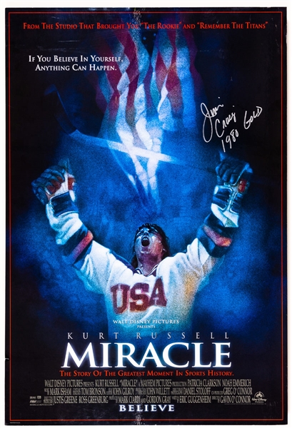 Jim Craig Team USA Signed “1980 Gold” Mounted Miracle Movie Poster and Goalie Stick with LOA