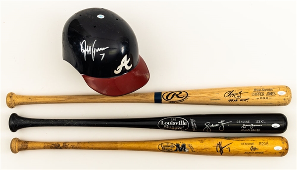 Jeff Francoeurs Mid-2000s Atlanta Braves Signed Game-Used Bat and Batting Helmet, Chipper Jones Signed Game Bat and Andruw Jones Signed Game-Used Bat - JSA Authenticated Signatures