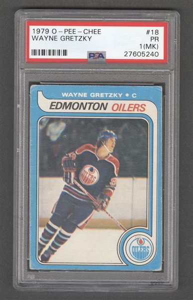 1979-80 O-Pee-Chee Hockey Card #18 HOFer Wayne Gretzky Rookie - Graded PSA 1 (MK)