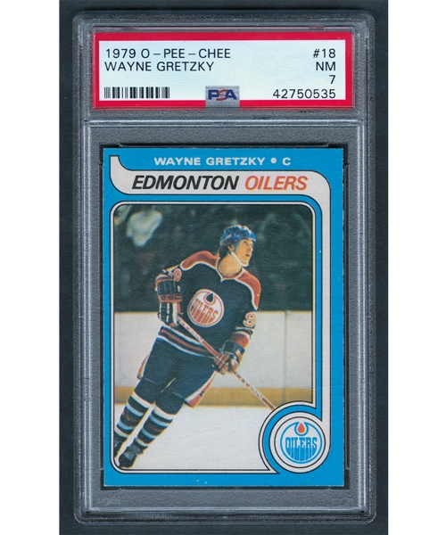 1979-80 O-Pee-Chee Hockey Card #18 HOFer Wayne Gretzky Rookie - Graded PSA 7