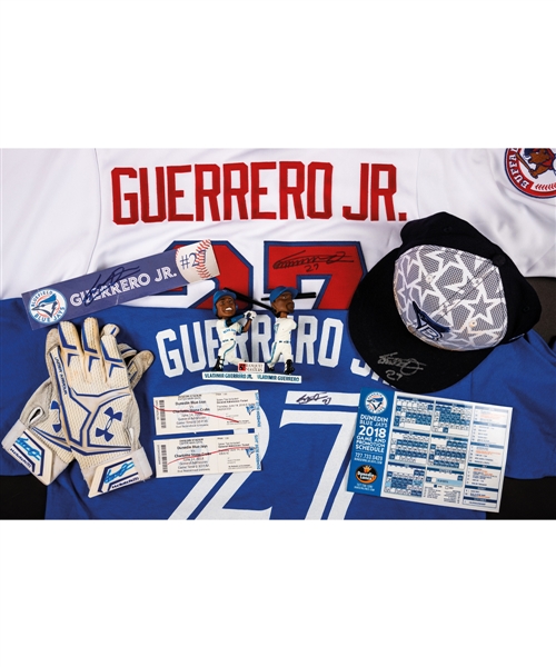 Vladimir Guerrero Jr. 2016 Bluefield Blue Jays Signed Game-Worn Cap, Signed Game-Used Gloves and Signed Nameplate Plus Dunedin Blue Jays Signed 2018 First Pitch Worn Shirt and Other Items