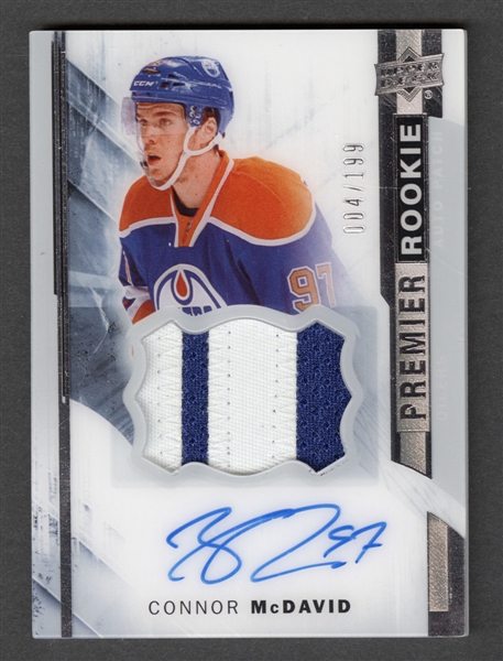 2015-16 Upper Deck Premier Rookie Hockey Card #115 Connor McDavid Autograph Rookie Patch #004/199