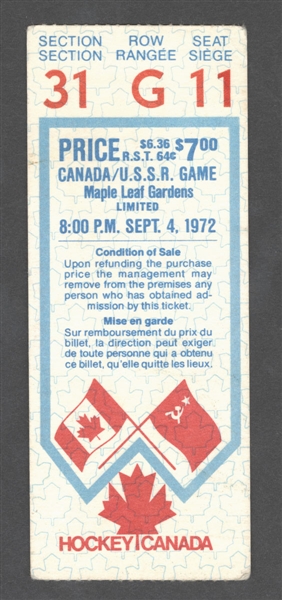 1972 Canada-Russia Series Game 2 Ticket Stub from Maple Leaf Gardens