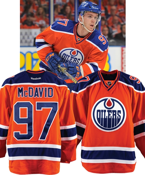 Connor McDavids 2015-16 Edmonton Oilers Game-Worn Orange Retro Rookie Season Jersey with LOA - Worn in Home Opener! - McDavids First Ever Home Game! - Inaugural Orange Jersey Retro Game!