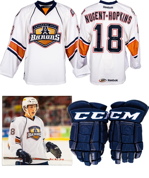 Ryan Nugent-Hopkins 2012-13 AHL Oklahoma City Barons Signed Game-Worn Jersey with Team LOA, Signed Game-Worn CCM Helmet and Signed CCM Game-Used Gloves Plus Canvas Display