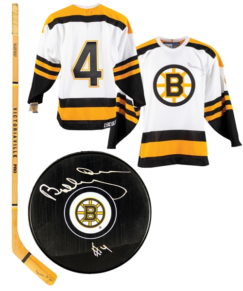 Bobby Orr Signed Memorabilia Collection of 7 including Victoriaville Replica Stick, Boston Bruins Jersey - GNR Authenticated, and "Bobby" Hardcover Books (2) 