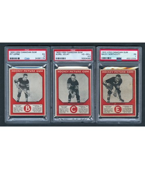 1933-34 Canadian Gum V252 Hockey Cards of HOFer Aurele Joliat (PSA 4.5), Pit Lepine RC (PSA 5) and Baldy Northcott RC (PSA 1)