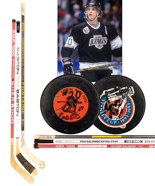 Luc Robitailles April 8th 1993 "61st Goal of Season" Milestone Record-Breaking Goal Puck and Game-Used Stick Plus Gretzkys and Sandstroms Sticks (Used to Assist Goal) with His Signed LOA