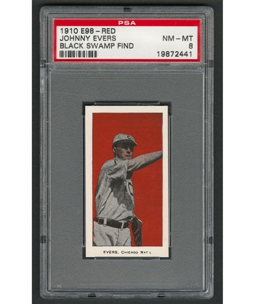 1910 E98 "Set of 30" Baseball Card - HOFer Johnny Evers - Red (Black Swamp Find) - Graded PSA 8