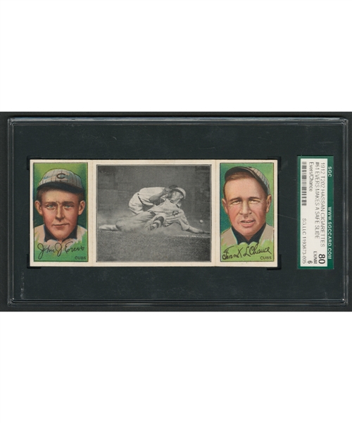 1912 Hassan Triple Folder T202 Baseball Card - Johnny Evers/Frank Chance - Evers Makes a Safe Slide - Graded SGC 6