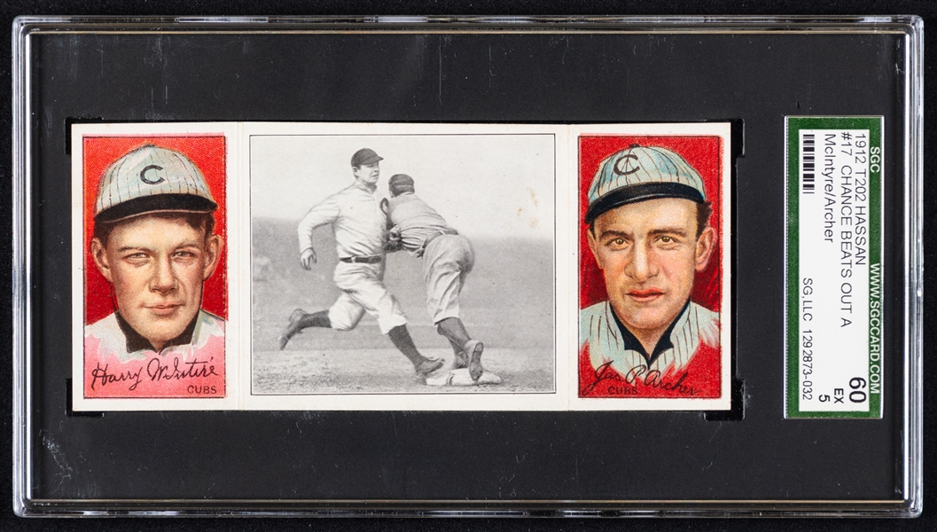 1912 Hassan Triple Folder T202 Baseball Card - Harry McIntire/James Archer - (Frank) Chance Beats Out a Hit - Graded SGC 5