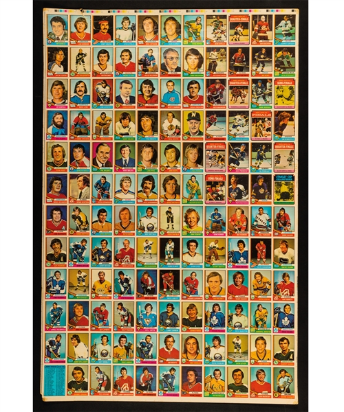 1974-75 O-Pee-Chee 132-Card Uncut Sheets (3) Including Bowman, Cherry, Potvin, Salming, McDonald, Gainey, Shutt and Other Rookie Cards