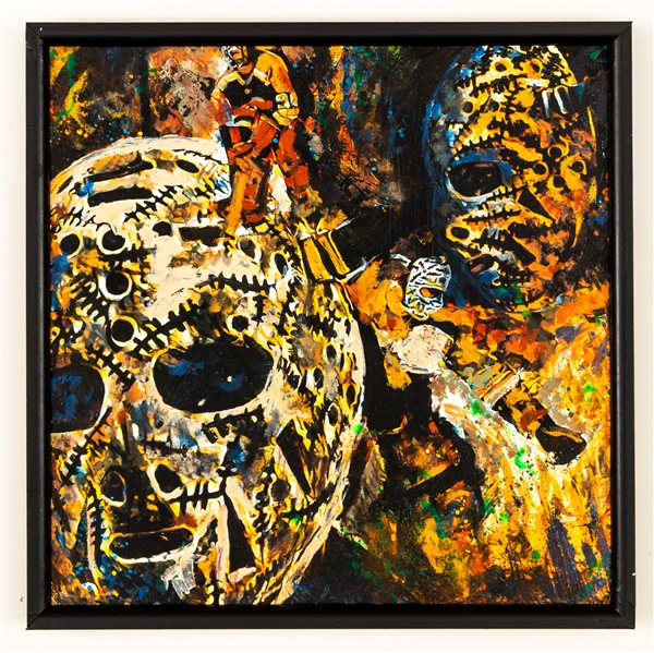 Gerry Cheevers Boston Bruins Mask Framed Original Painting on Canvas by Renowned Artist Murray Henderson (18 ¾” x 18 ¾”)