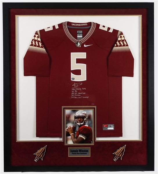 Jameis Winston Signed Florida State Seminoles Limited-Edition Framed Jersey Display #5/5 with Numerous Annotations Including Heisman Trophy Annotation (42" x 47")