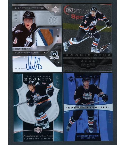 Alex Ovechkin Hockey Cards (5) Including 2006-07 UD The Cup SP-AO Signature Patches 31/75, 2005-06 UD Black Diamond #191 Rookie Gems and 2005-06 UD #230 Artifacts Rookies 297/750