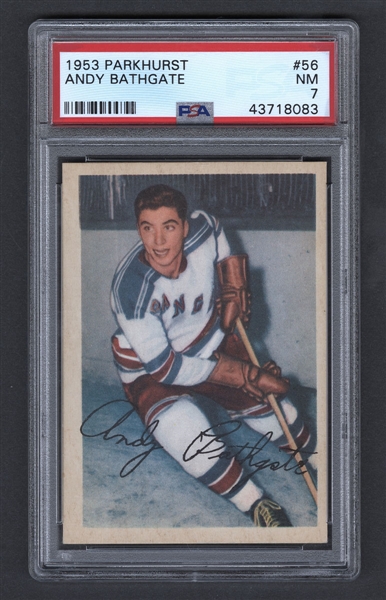 1953-54 Parkhurst Hockey Card #56 HOFer Andy Bathgate Rookie - Graded PSA 7