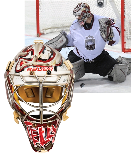 Mikael Tellqvist’s 2010-11 KHL Dinamo Riga / Kristers Gudlevskis 2013 IIHF World Championships Team Latvia Game-Worn Bauer Goalie Mask with LOA – Photo-Matched! 