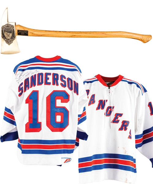 Derek Sandersons Signed New York Rangers Jersey and FDNY Limited-Edition Commemorative Axe #110/1500 from Sept. 11th 2001 from His Personal Collection with His Signed LOA