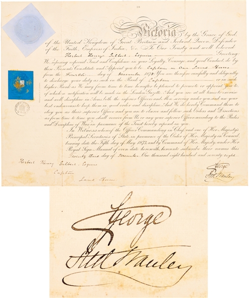 Lord Stanley and Prince George Dual-Signed 1878 Military Commission Document