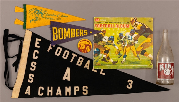 Vintage Football Memorabilia Collection of 25+ including 1960s Post CFL Album, Rare 1950s Winnipeg Blue Bombers and Edmonton Eskimos Pennants and More! 