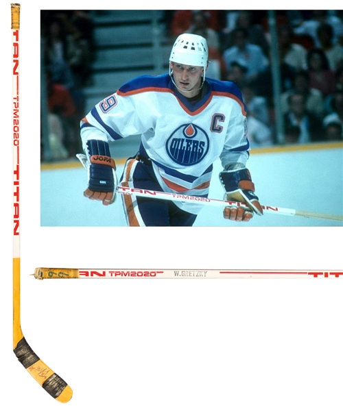 Wayne Gretzkys 1984-85 Edmonton Oilers Signed Titan TPM 2020 Game-Used Stick - Art Ross, Hart Memorial, Conn Smythe and Lester B. Pearson Trophies Season!