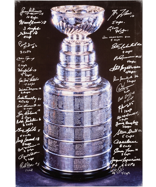 Montreal Canadiens Signed Stanley Cup Print on Canvas by 34 Cup-Winners with Annotations Including HOFers Beliveau, H. Richard, Lafleur, Moore, Robinson, Shutt, Lapointe, Savard and Others with LOA 