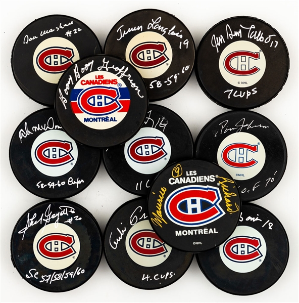 Montreal Canadiens 1950s Dynasty Single-Signed Puck Collection of 11 Including Maurice Richard, Henri Richard, Boom Boom Geoffrion and Others with LOA