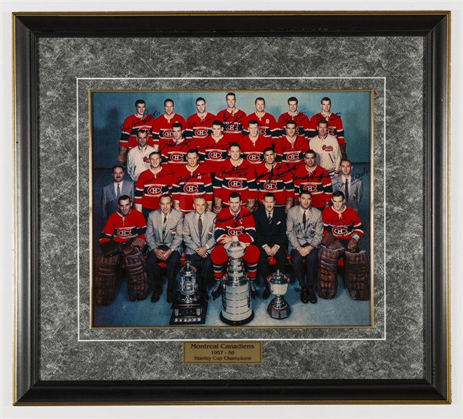 Montreal Canadiens 1957-58 Stanley Cup Champions Team-Signed Framed Photo by 17 with Deceased HOFers Henri and Maurice Richard, Beliveau, Reardon, Moore, Geoffrion, Olmstead and Johnson (26" x 29”) 