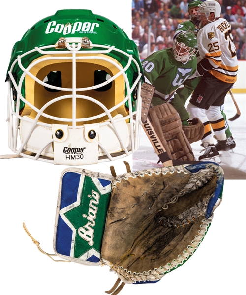 Peter Sidorkiewiczs Late-1980s/Early-1990s Hartford Whalers Game-Worn Cooper Goalie Mask and Brians Game-Worn Goalie Glove with His Signed LOA