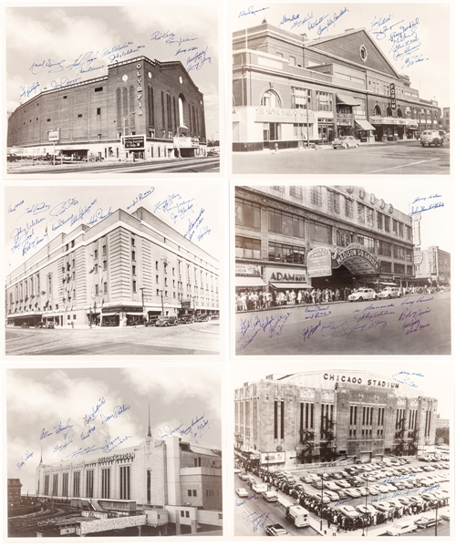 Original Six Multi-Signed NHL Arena Photo Complete Set of 6 Featuring 13 Deceased HOFers including Jean Beliveau 