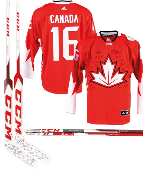 2016 World Cup of Hockey Team Canada Carey Price and Corey Crawford Team-Signed Sticks Plus Team Canada Team-Signed Jersey with LOA