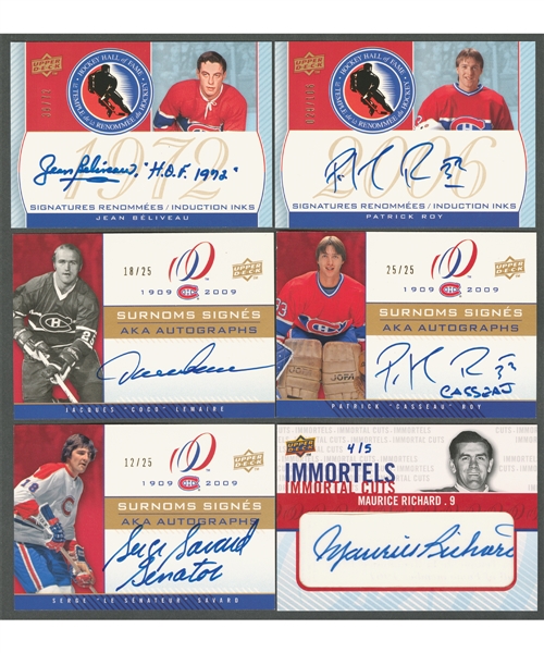 2008-09 Upper Deck Montreal Canadiens Centennial "HOF Induction INKS" Complete Set (19 cards) (#/66 to #/106), "AKA Signings" Complete Set (19 cards) (#/25) and "Immortal Cuts" (4 Cards) (#/4 to #/5)