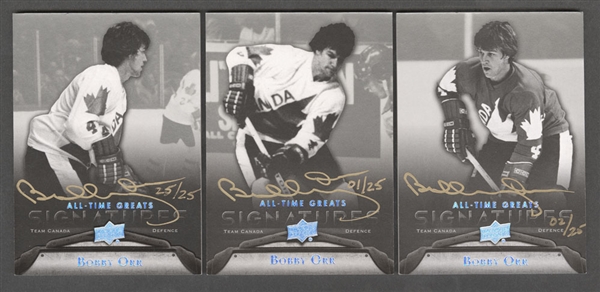 2012 Upper Deck All-Time Greats Signatures Bobby Orr Cards #GA-BO1, #GA-BO2 and #GA-BO3 (All #/25)