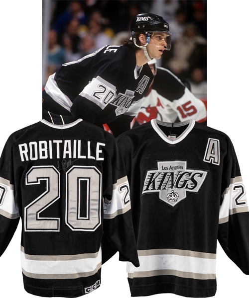 Luc Robitailles 1993-94 Los Angeles Kings Signed Game-Worn Alternate Captains Jersey - Team Repairs! - Photo-Matched!