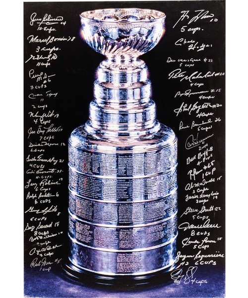 Montreal Canadiens Signed Stanley Cup Print on Canvas by 34 Cup-Winners with Annotations Including HOFers Beliveau, H. Richard, Lafleur, Moore, Robinson, Shutt, Lapointe, Savard and Others 