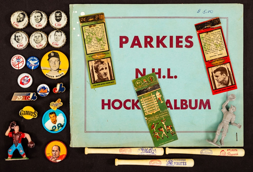 Vintage and Modern Multi-Sport Card and Memorabilia Collection Including 1950s Parkhurst Hockey Albums (2), 1965 CFL Coca-Cola Caps, 1960s CFL Humpty Dumpty and Salada Coins Plus Other Items