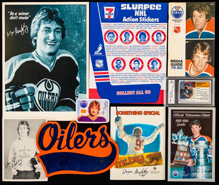Large Wayne Gretzky Memorabilia Collection Including 1982 Remex Watch, Starflyer Flying Discs, Red Rooster Sheets, 1979-80 Oilers Media Guide and Other Items