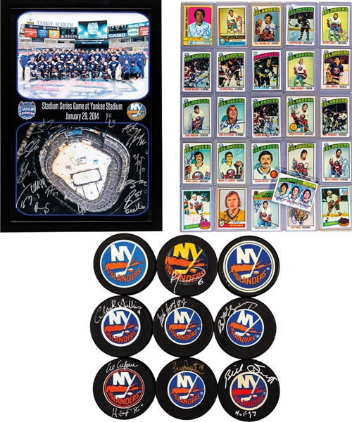 Large New York Islanders Signed Hockey Card and Puck Collection of 36 Plus 2013-14 Team-Signed Stadium Series Display 
