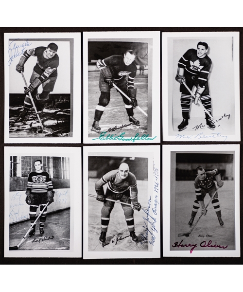 Hockey Hall of Famers Signed Photos (34) Including Deceased HOFers Taylor, Joliat, Clancy, Stewart, Goodfellow, Johnson, Seibert, Goheen, Primeau and Other Greats