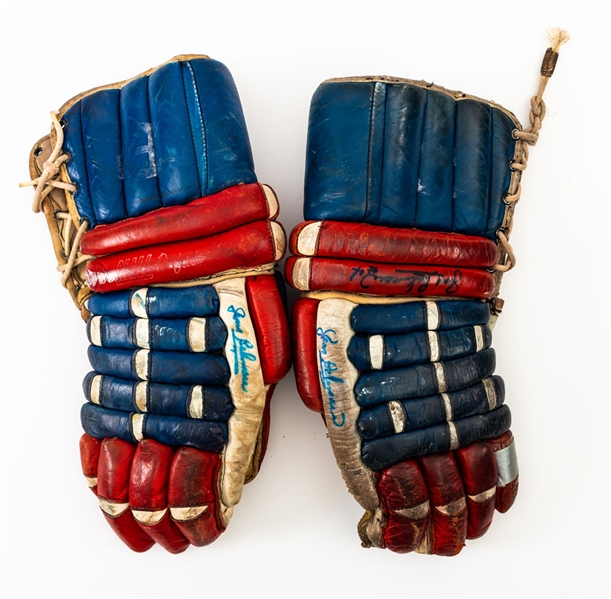 Montreal Canadiens Late-1960s/Early-1970s Signed Used Gloves and Elbow Pads from the Personal Collection of Jean Beliveau with His Signed LOA