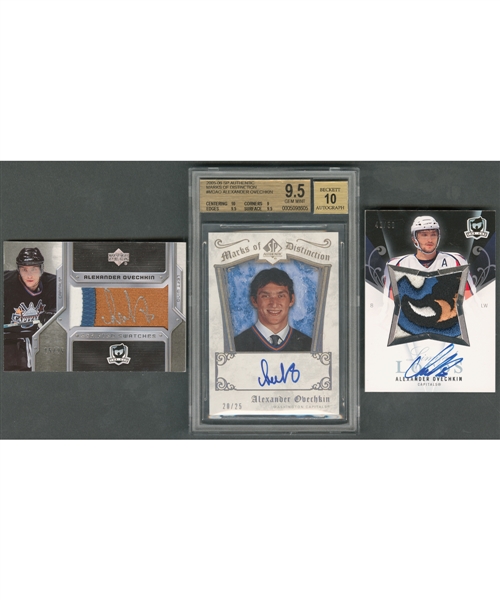2005-06, 2006-07 & 2007-08 SP Authentic and Upper Deck "The Cup" Alexander Ovechkin Marks of Distinction (20/25), Scripted Swatches (15/25) and Limited Logos (42/50) Hockey Cards (3)