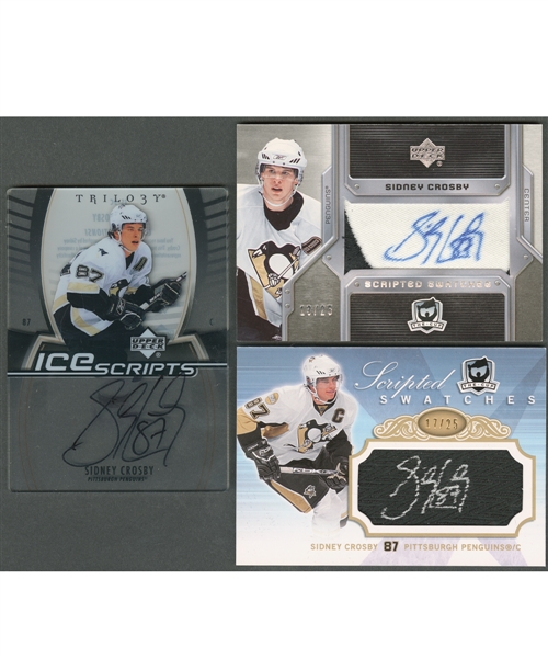 Sidney Crosby Hockey Cards (3) Including 2006-07 UD "Trilogy" Ice Scripts #IS-SC, 2006-07 UD "The Cup" #SS-SC Scripted Swatches (13/25) and 2007-08 UD "The Cup" #SS-SC Scripted Swatches (17/25)